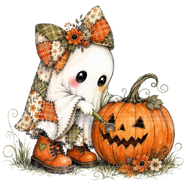 26 Halloween-spöken PNG-paket, lapptäcke akvarell clipart, höstens sublimeringsdesigner, omedelbar digital nedladdning bild 11