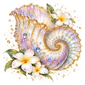 May include: A large, iridescent seashell with gold-trimmed edges, featuring soft purple and blue hues. The shell is adorned with white plumeria flowers, green leaves, and scattered translucent water droplets and gold-colored circular accents.