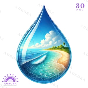 Paquete de 30 hermosas imágenes prediseñadas de gotas de agua, imágenes prediseñadas de paisajes de acuarela, flores de primavera, escenas de la naturaleza PNG, refrescantes, para uso comercial