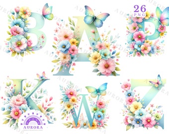Watercolor Floral Alphabet Clipart, Pastel Flowers Letters and Initials, Spring Butterfly Monogram, Digital Download