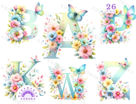 Watercolor Floral Alphabet Clipart, Pastel Flowers Letters and Initials, Spring Butterfly Monogram, Digital Download