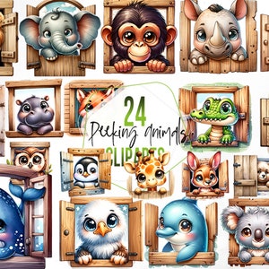 24 Spähende Tiere Clipart, Tier, das Holzfenster, Aquarell Niedliche Baby-Tiergesichter, Kinderzimmer-Tiere PNG-Kommerzieller Nutzung späht