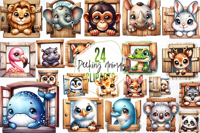 Watercolor Baby Animals Clipart, Peeking in Wooden Window (png ...