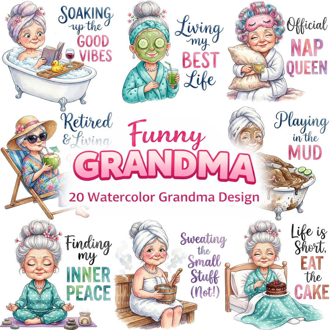 20 Funny Grandma Spa PNG Bundle, Retro Granny Sublimation Clipart, for ...