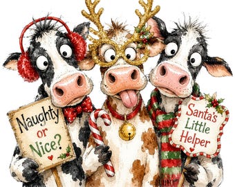 24 Funny Christmas Cow PNG Bundle, Watercolor Highland Cow Clipart, Sublimation Designs, Shirts, Mugs