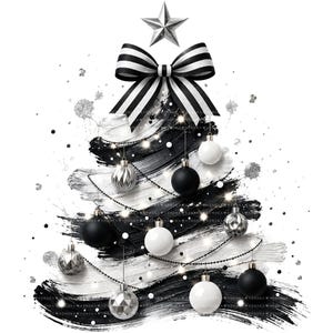 May include: A stylized Christmas tree graphic composed of black and white paint brush strokes, topped with a silver star and a large black and white striped bow. The tree is decorated with hanging black, white, and silver spherical ornaments.