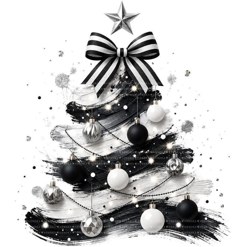 May include: A stylized Christmas tree graphic composed of black and white paint brush strokes, topped with a silver star and a large black and white striped bow. The tree is decorated with hanging black, white, and silver spherical ornaments.
