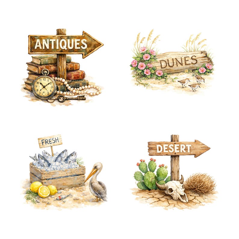 40 Watercolor Clipart, Directional Signpost PNG Bundle, Junk Journal ...