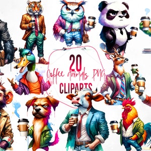 Funny Coffee Animals Clipart, Quirky Office Animal with Coffee PNG, Watercolor Animal Characters Sublimation, Commercial Use