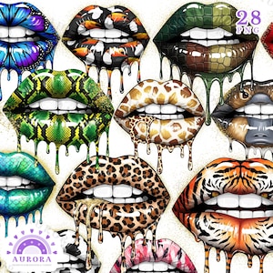 May include: Digital art featuring stylised lips with animal and nature-inspired designs. The lips showcase patterns like butterfly wings, snake scales, leopard spots, and tiger stripes, with a dripping effect.
