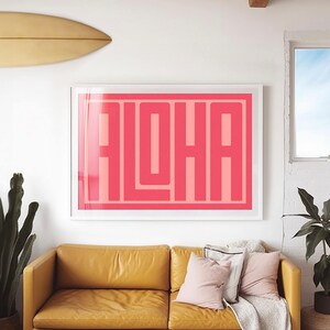 Aloha Typography Art Print Pink, Coastal Wall Art, Beach Decor, Tropical Poster, Maximalist Art, Surfer Vibes, Large Format Art, Hawaii Cali
