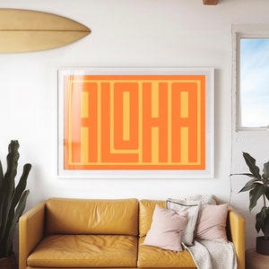 Aloha Typography Art Print Orange, Coastal Wall Art, Beach Decor, Tropical Poster, Maximalist Art, Surfer Art, Large Format Wall Decor