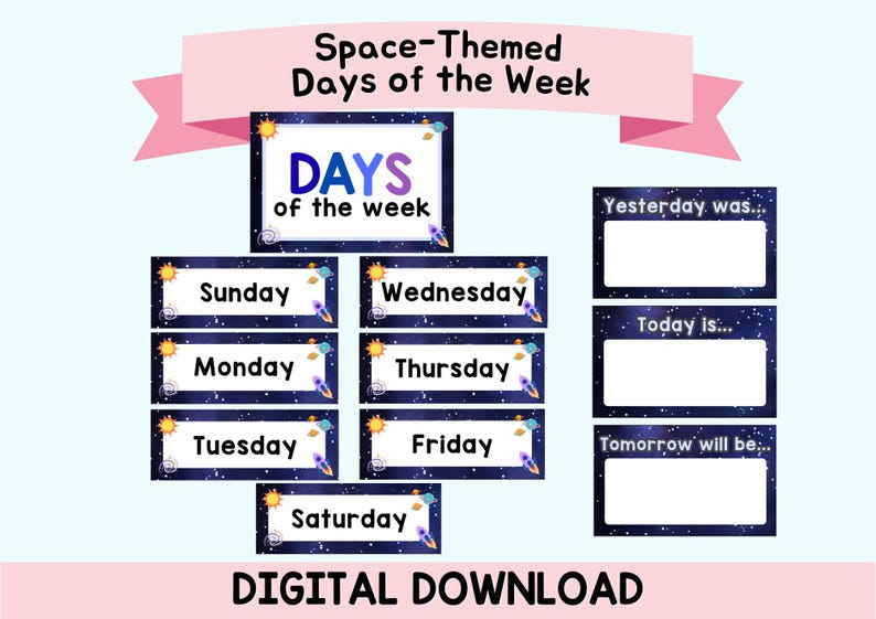 Printable Space Days of the Week | Outer Space Classroom Decor | Galaxy ...