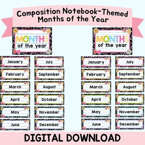 Peut inclure: Téléchargement numérique présentant les mois de l'année sur le thème du cahier de composition. Chaque mois est affiché sur un fond ligné avec une bordure décorative. Le titre "Months of the Year" est en haut, avec "Digital Download" en bas.