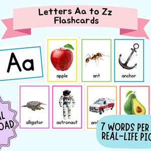 Tarjetas imprimibles del alfabeto con imágenes reales, de la A a la Z, para decorar el aula.