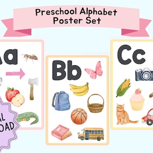 Printable Preschool Alphabet Posters Set, A to Z Watercolor Pictures, Pastel Colors Alphabet Posters A–Z | Printable ABC Wall Art for Kids