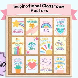 Puede incluir: Un conjunto de 12 carteles de aula imprimibles coloridos con mensajes inspiradores como "Eres increíble", "Elige la amabilidad", "Sueña en grande", "Hoy es un buen día", "Lo lograste", "Los errores me ayudan a crecer", "Cree en ti", "Este es un lugar seguro", "Añades valor al mundo", "Todos son bienvenidos aquí", "Eres capaz de hacer cosas maravillosas", y "Sigue adelante".
