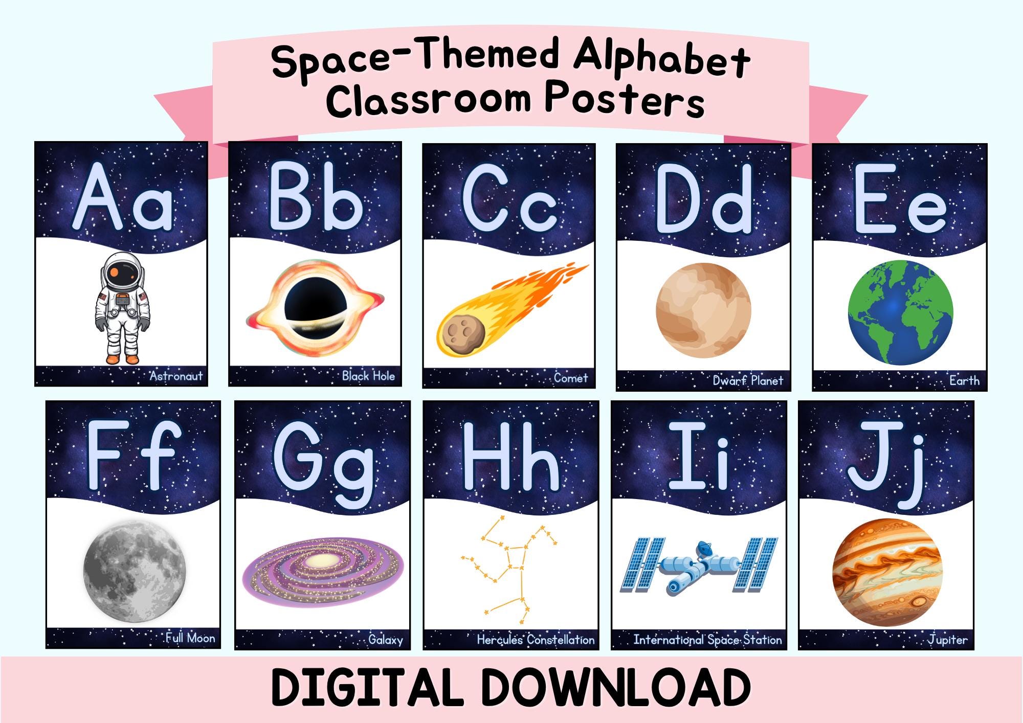 Space Alphabet Poster A-Z: Outer Space Classroom Decor (PDF