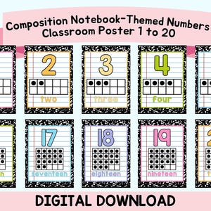 Puede incluir: Un conjunto de carteles para el aula con los números del 1 al 20, cada uno mostrado sobre un fondo con temática de cuaderno de composición. Cada número tiene un color diferente, con un marco de diez. Las palabras "DESCARGA DIGITAL" están en la parte inferior.