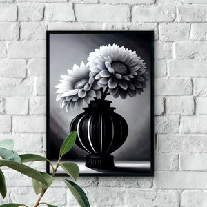 Può includere: Dipinto in bianco e nero di due grandi fiori bianchi in un vaso a strisce bianche e nere. Il vaso è su una superficie nera con un'ombra.