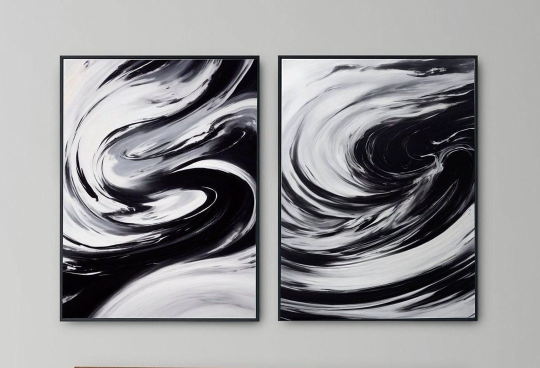 Set of 2 Wall Art Abstract, Black and White, Modern Wall Art, Brush ...