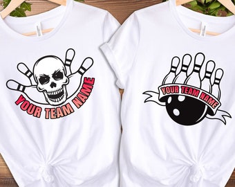 May include: Two white t-shirts with a bowling theme. One shirt features a skull with bowling pins and the text "Your Team Name". The other shirt features a bowling ball and pins with the text "Your Team Name".