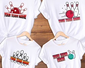 May include: Four white t-shirts with different bowling-themed designs. The designs feature bowling pins, bowling balls, and the text "Your Team Name".