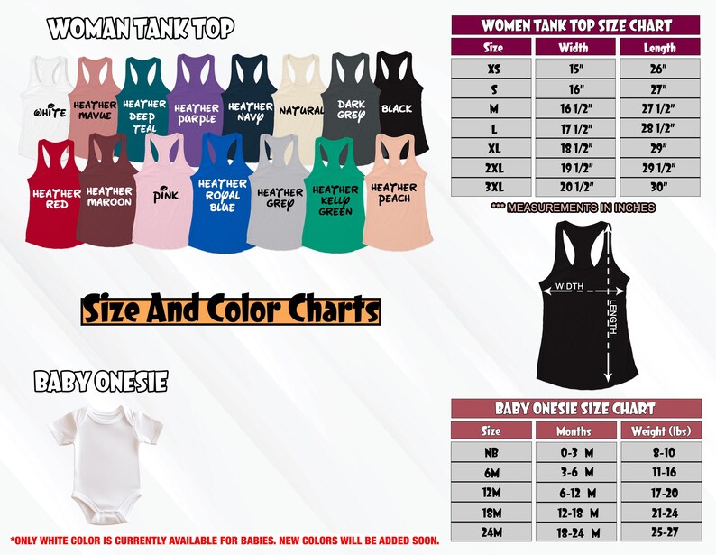 K&ouml;nnte beinhalten: Gr&ouml;&szlig;entabelle f&uuml;r Damen-Tanktops und Baby-Bodys. Die Tabelle zeigt die verschiedenen Gr&ouml;&szlig;en und die entsprechenden Ma&szlig;e in Zoll. Die Tanktop-Farben umfassen Wei&szlig;, Heather Mauve, Heather Teal, Heather Purple, Heather Navy, Natur, Dunkelgrau, Schwarz, Heather Red, Heather Maroon, Pink, Heather Royal Blue, Heather Grey, Heather Kelly Green und Heather Peach. Die Body-Farben umfassen Wei&szlig;.