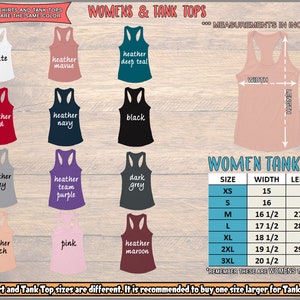 May include: A chart showing the measurements in inches for women's tank tops in sizes XS to 3XL. The chart includes the width and length of each size. The chart also shows a variety of tank top colors, including white, heather mauve, heather deep teal, heather red, heather navy, black, heather grey, heather team purple, dark grey, heather peach, pink, and heather maroon.