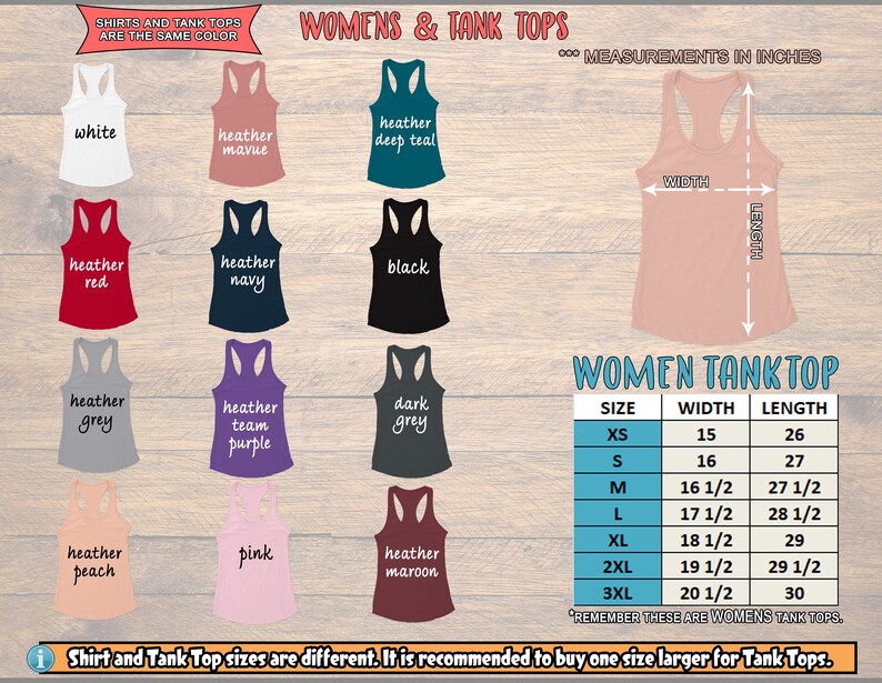 May include: A chart showing the measurements in inches for women's tank tops in sizes XS to 3XL. The chart includes the width and length of each size. The chart also shows a variety of tank top colors, including white, heather mauve, heather deep teal, heather red, heather navy, black, heather grey, heather team purple, dark grey, heather peach, pink, and heather maroon.
