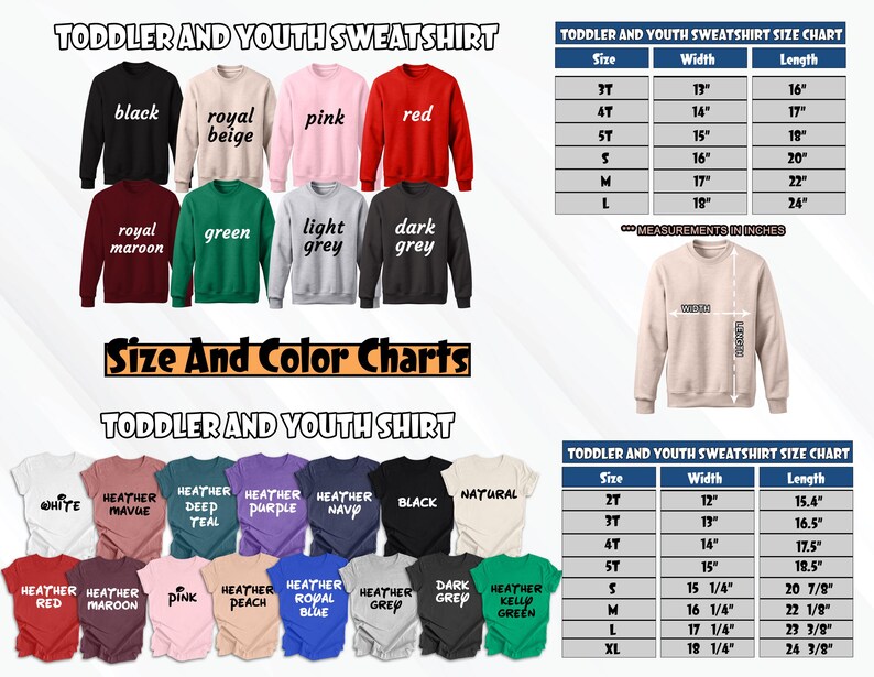 K&ouml;nnte beinhalten: Gr&ouml;&szlig;en- und Farbtabellen f&uuml;r Sweatshirts und T-Shirts f&uuml;r Kleinkinder und Jugendliche. Die Tabellen zeigen verschiedene Farben und Gr&ouml;&szlig;en f&uuml;r Sweatshirts und T-Shirts. Die Gr&ouml;&szlig;en sind 2T, 3T, 4T, 5T, S, M, L und XL. Die Farben umfassen Schwarz, Royal Beige, Pink, Rot, Royal Maroon, Gr&uuml;n, Hellgrau, Dunkelgrau, Wei&szlig;, Heather Mauve, Deep Teal, Heather Purple, Heather Navy, Natur, Heather Red, Heather Maroon, Pink, Heather Peach, Heather Royal Blue, Heather Grey, Dark Grey und Heather Kelly Green.