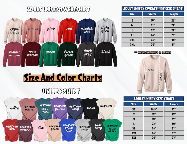 K&ouml;nnte beinhalten: Gr&ouml;&szlig;en- und Farbtabellen f&uuml;r Unisex-Sweatshirts und T-Shirts. Die Tabellen zeigen verschiedene Farben und Gr&ouml;&szlig;en f&uuml;r beide Arten von Kleidung. Die Sweatshirt-Tabelle zeigt Gr&ouml;&szlig;en von S bis 3XL mit entsprechenden Breiten- und L&auml;ngenma&szlig;en in Zoll. Die T-Shirt-Tabelle zeigt Gr&ouml;&szlig;en von XS bis 3XL mit entsprechenden Breiten- und L&auml;ngenma&szlig;en in Zoll.