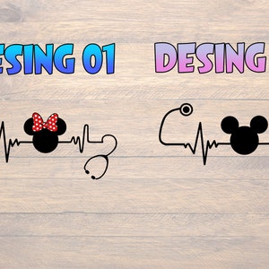 May include: Two black and white Mickey Mouse head silhouettes with a red bow on one. Each silhouette has a stethoscope line with a heartbeat graphic and a stethoscope at the end.