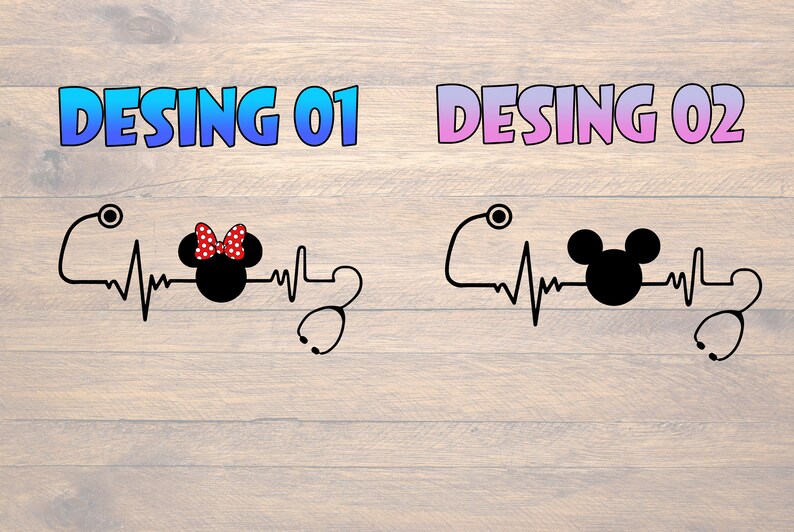 May include: Two black and white Mickey Mouse head silhouettes with a red bow on one. Each silhouette has a stethoscope line with a heartbeat graphic and a stethoscope at the end.