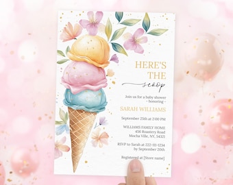 Bearbeitbare Eis-Babyparty-Einladungsvorlage, druckbar Hier ist die Schaufel-Babyparty-Einladung, geschlechtsneutrale Sommerdusche-Party Evite