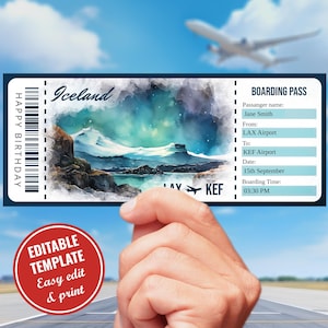 Modello di carta d'imbarco modificabile per il viaggio in Islanda, biglietto per Reykjavík, buono regalo a sorpresa, download immediato