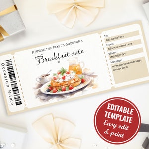 Editable Breakfast Date Gift Voucher Personalized Template Printable Breakfast Date Gift Certificate DIY Last Minute Gift Instant Download
