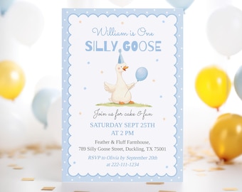 Sjabloon voor 1e verjaardag uitnodiging One Silly Goose Boy, bewerkbare Blue Silly Goose uitnodigen, eerste feestvarken thema gans direct downloaden