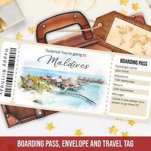Modèle modifiable de carte d'embarquement pour les Maldives, modèle de billet d'avion personnalisé imprimable Surprise Maldives avec enveloppe, téléchargement immédiat