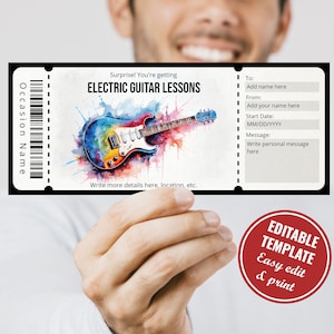 Bewerkbare aquarel elektrische gitaarlessen cadeaubonsjabloon voor gitaarliefhebbers, direct downloaden