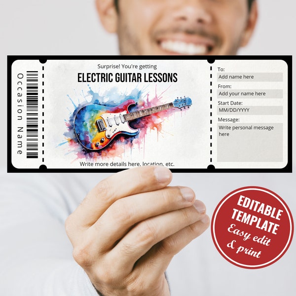 Editable Watercolor Electrical Guitar Lessons Gift Certificate Template for Guitar Lovers, Instant Download