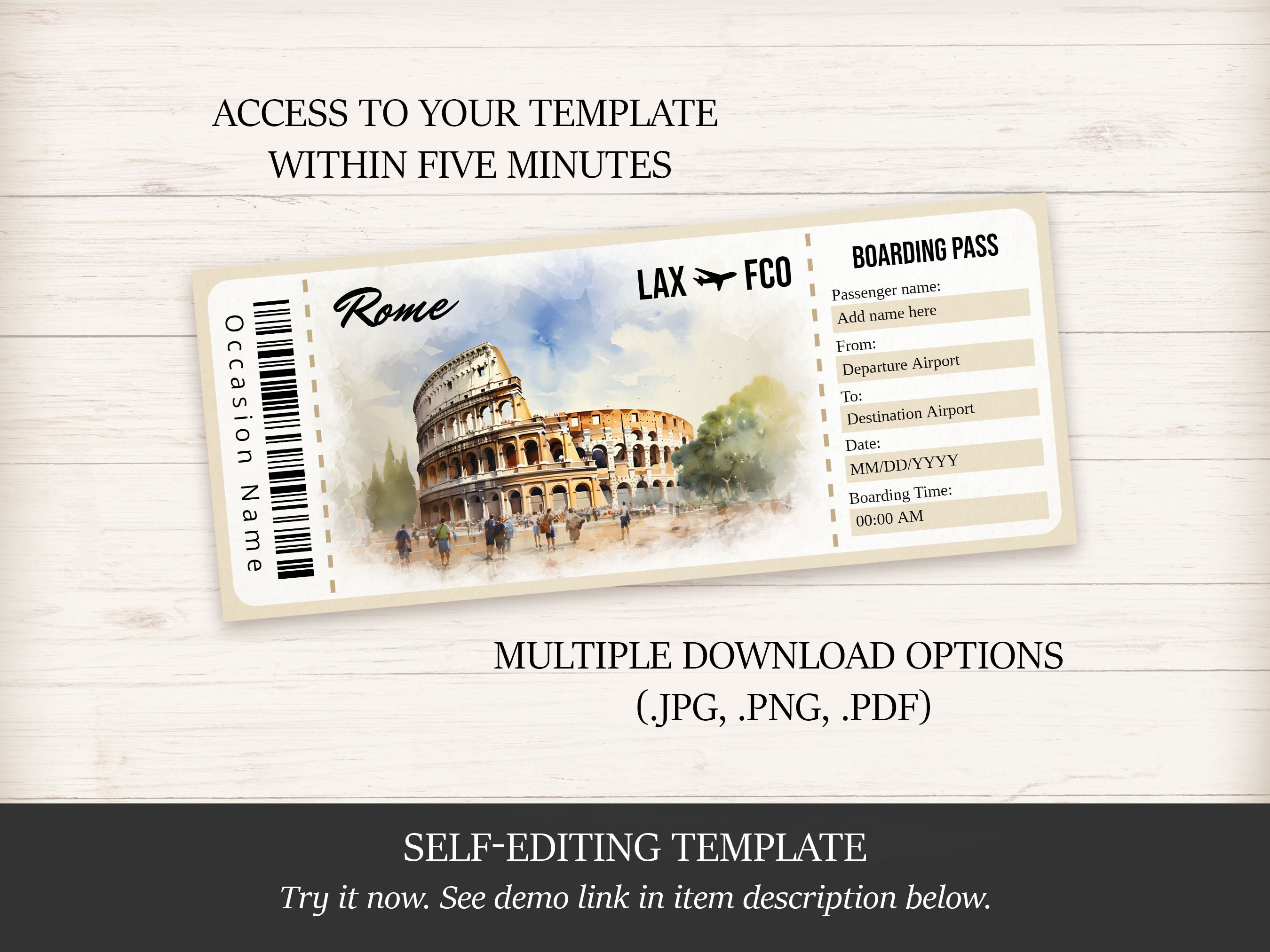 Rome Trip Editable Watercolor Boarding Pass Template, Rome Trip Reveal ...