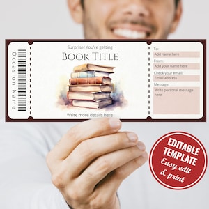 Plantilla de certificado de regalo de libro electrónico editable, plantilla de tarjeta de regalo de libro electrónico con sorpresa de acuarela para imprimir en casa