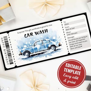 Bewerkbare carwash-cadeaubonsjabloon voor autoliefhebber, afdrukbaar carwash-ticket, autoreinigingsbon, instant download
