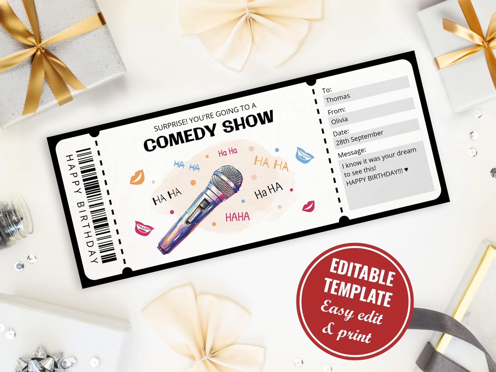 Funny Comedy Show Ticket Template for Comedy Lover, Editable Printable ...