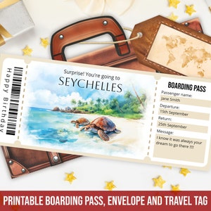 Printable Seychelles boarding pass template, Personalized Editable Surprise Seychelles plane ticket template with envelope, Instant Download