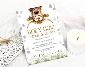 Modello modificabile per invito di compleanno a tema mucca sacra, invito stampabile a tema mucca delle Highlands, invito divertente per festa a tema mucca