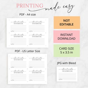 Pu&ograve; includere: Un modello digitale stampabile di schede per consigli e auguri per futuri genitori. Il set include file PDF in formato A4 e US Letter, e un file JPG con abbondanza. Ogni scheda misura 12,7 x 8,89 cm. Il testo recita Advice & Wishes for the parents-to-be.