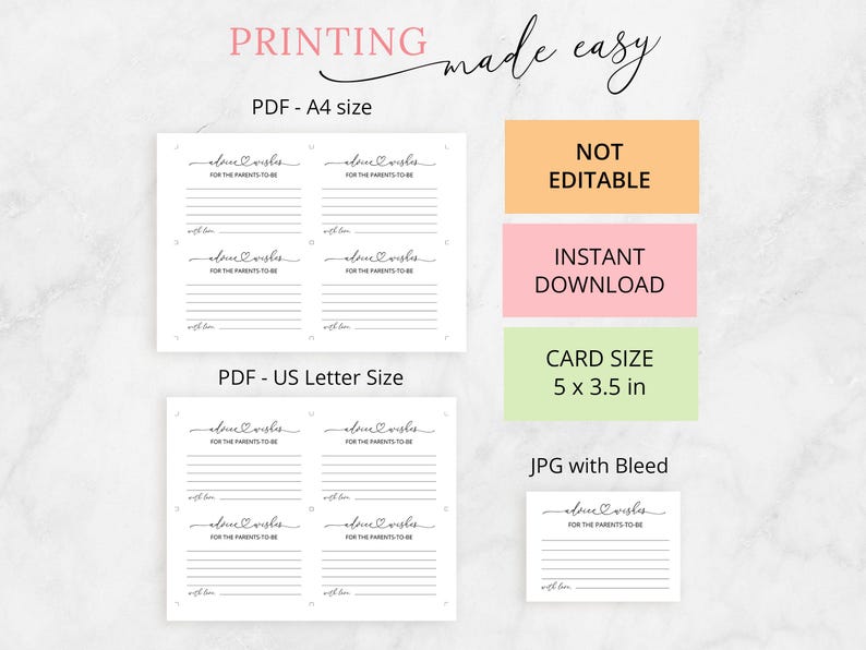 Pu&ograve; includere: Un modello digitale stampabile di schede per consigli e auguri per futuri genitori. Il set include file PDF in formato A4 e US Letter, e un file JPG con abbondanza. Ogni scheda misura 12,7 x 8,89 cm. Il testo recita Advice & Wishes for the parents-to-be.