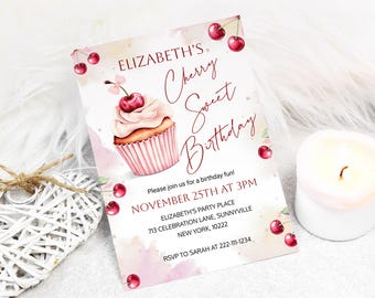Editable Cherry Sweet Birthday Invitation Template, Girl Cherry on Top Birthday Party invite, Cherry theme party evite, Instant Download